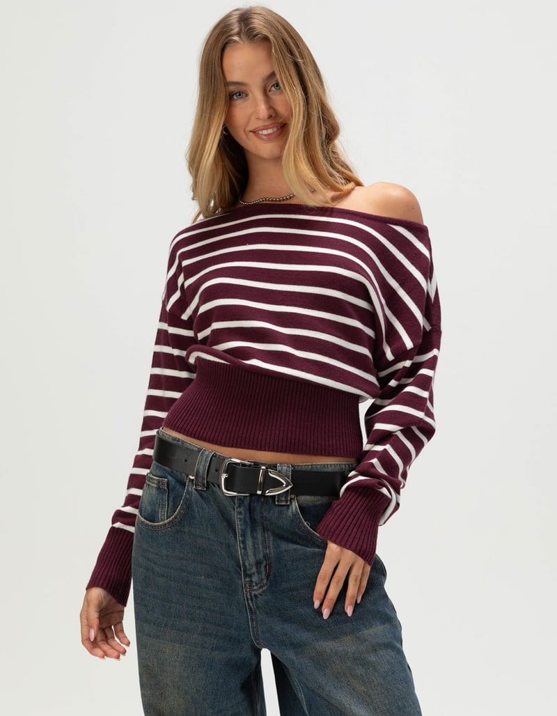 RSQ Womens High Rib Stripe Off The Shoulder Sweater image number 0