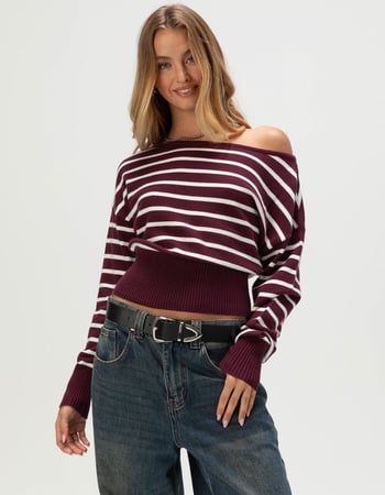 RSQ Womens High Rib Stripe Off The Shoulder Sweater Primary Image