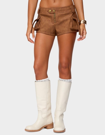 EDIKTED Washed Faux Leather Micro Cargo Shorts Primary Image