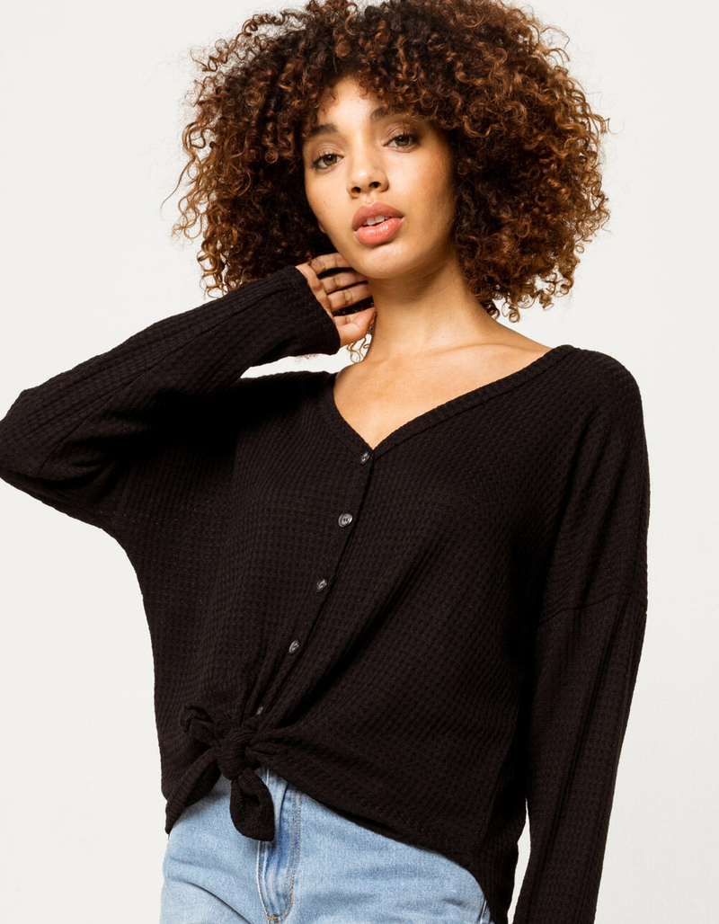 SKY AND SPARROW Button Tie Front Black Womens Thermal Top image number 0