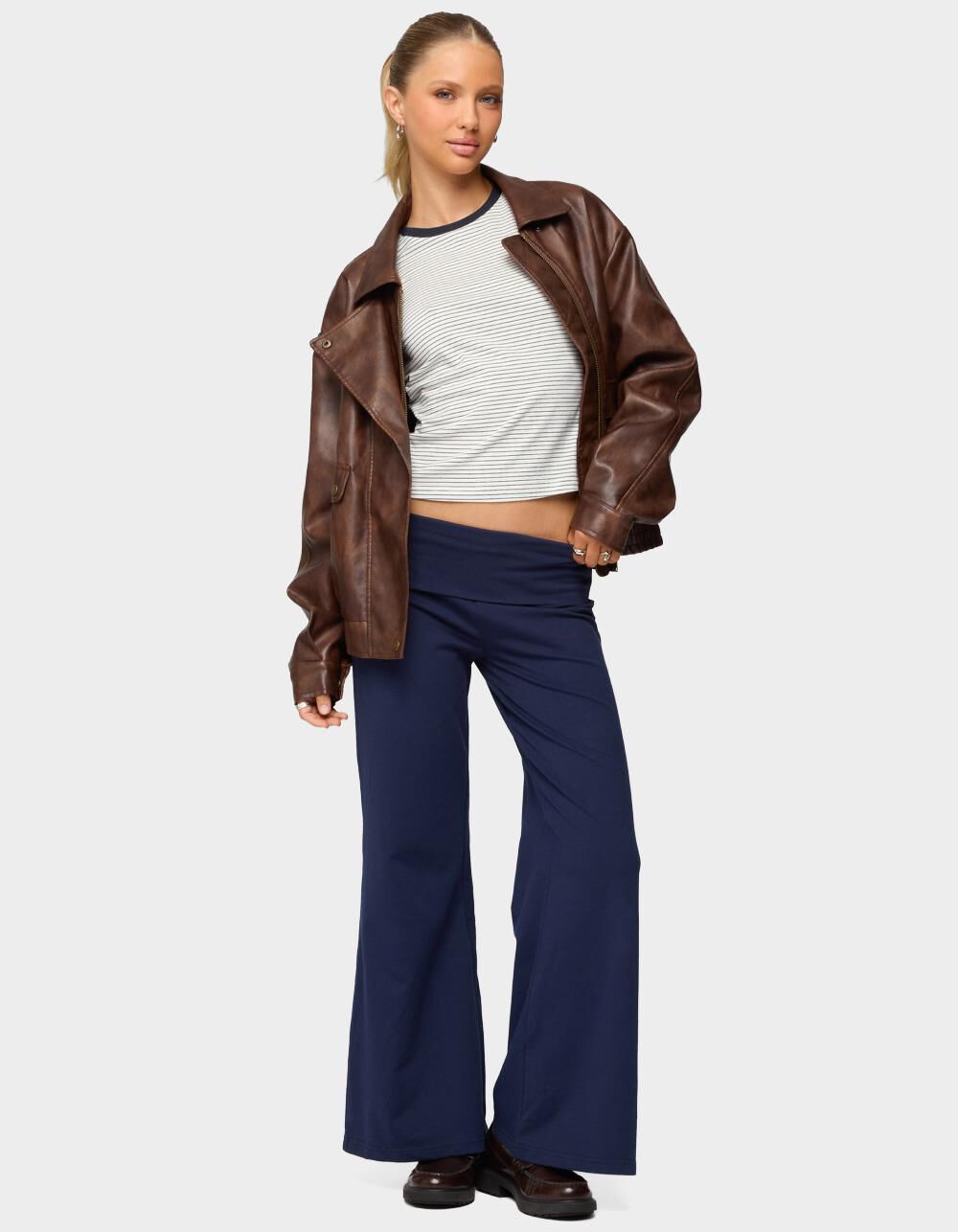 EDIKTED Petite Wide Leg Fold Over Pants - NAVY | Tillys