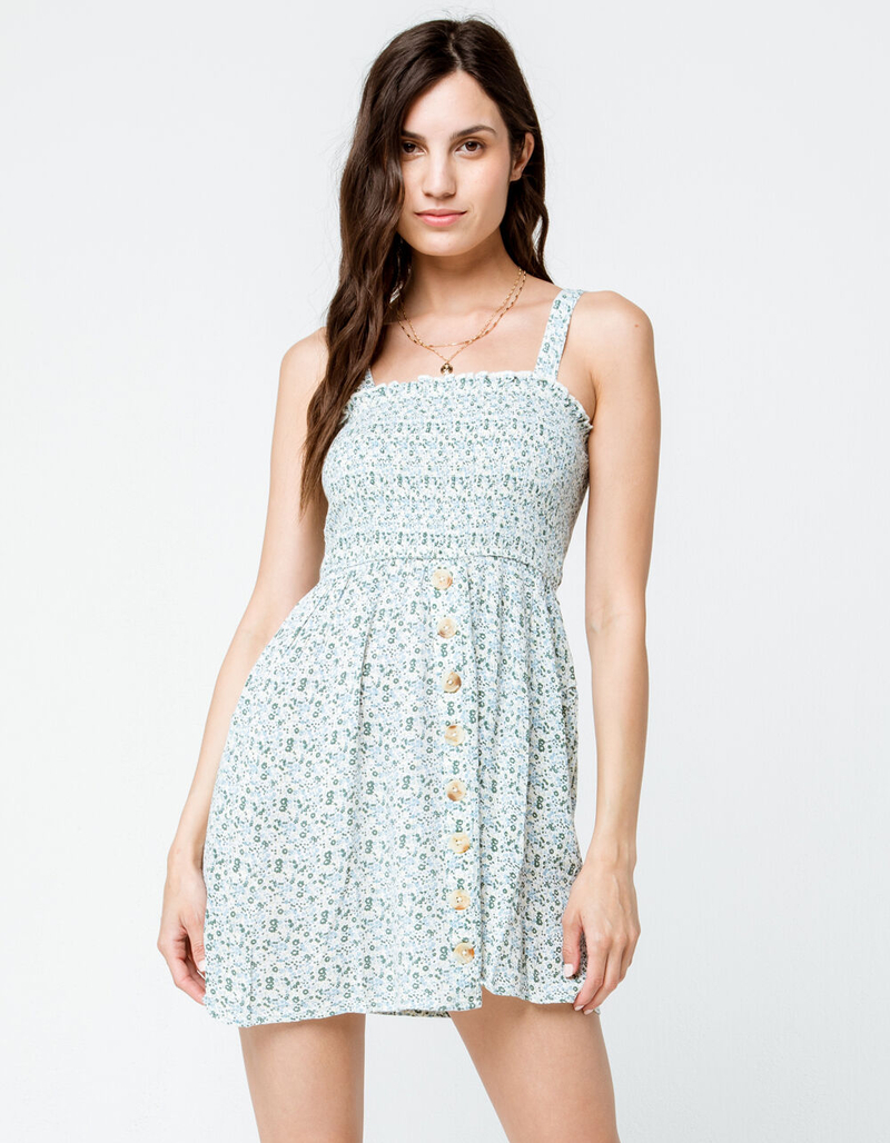 SKY AND SPARROW Ditsy Floral Smocked Blue Dress image number 1