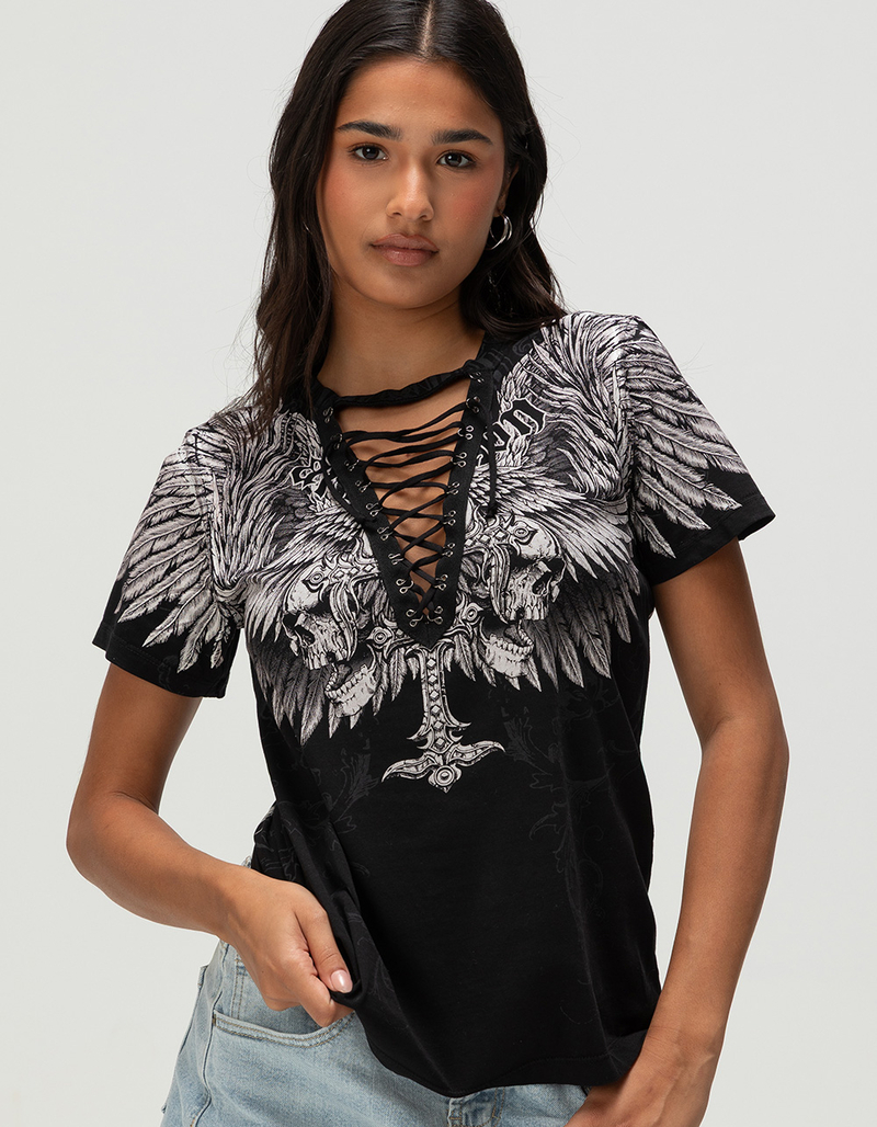 AFFLICTION Saint Womens Lace Up Tee image number 0