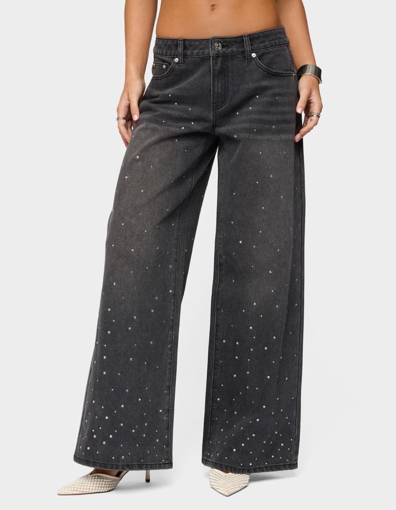 EDIKTED Rhinestone Washed Low Rise Baggy Jeans image number 0