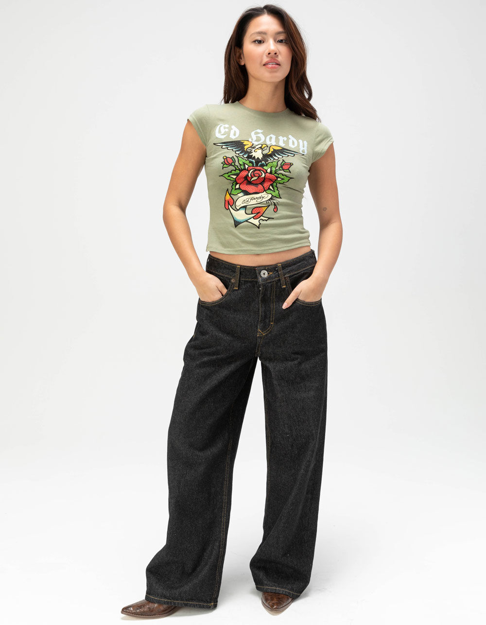 ED HARDY Rhinestone Anchor Rose Womens Cap Sleeve Baby Tee - OLIVE