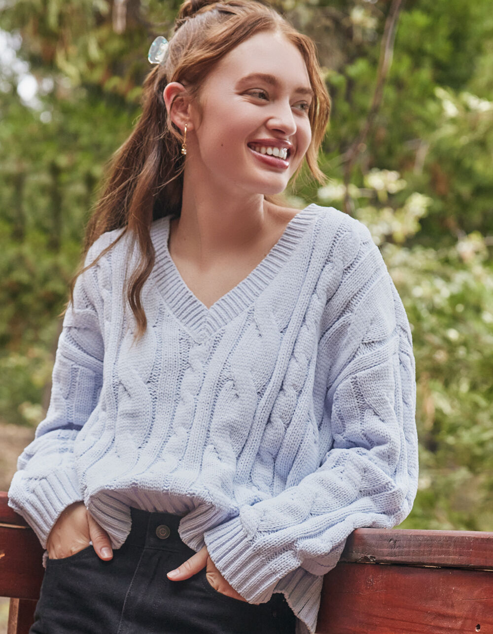 RSQ Womens Chenille Cable V Neck Sweater - LIGHT BLUE | Tillys
