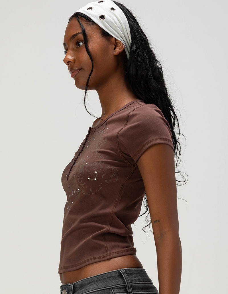 FULL TILT Tattoo Art Rhinestone Womens Henley Baby Tee image number 2