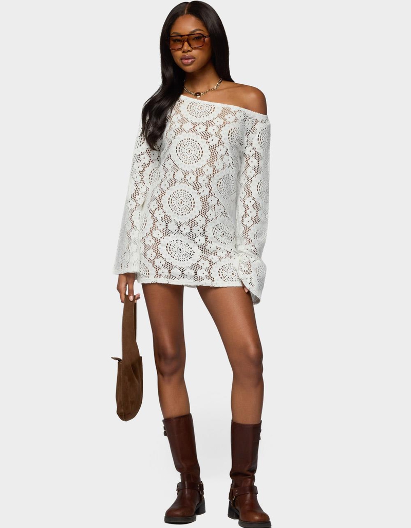 EDIKTED Off Shoulder Sheer Lace Mini Dress image number 3
