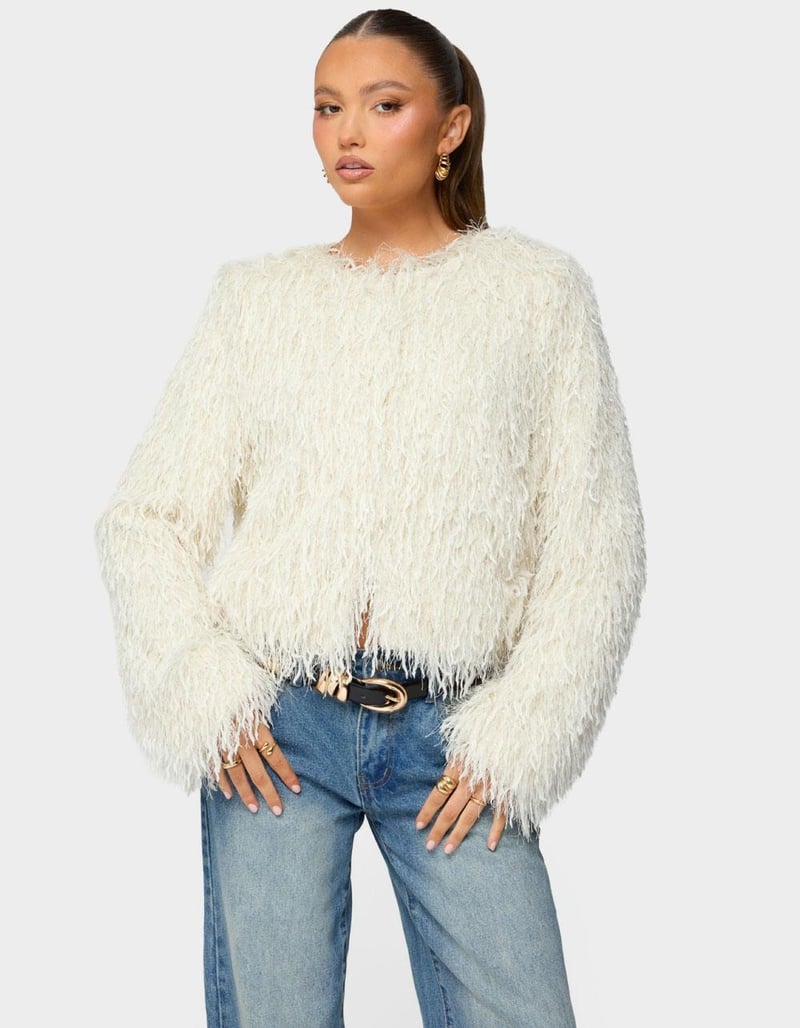 EDIKTED Aleandra Fringed Faux Feather Jacket image number 0