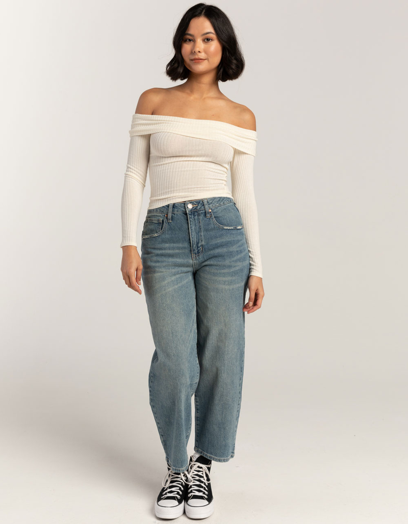 FULL TILT Fold Over Rib Off The Shoulder Womens Top image number 1