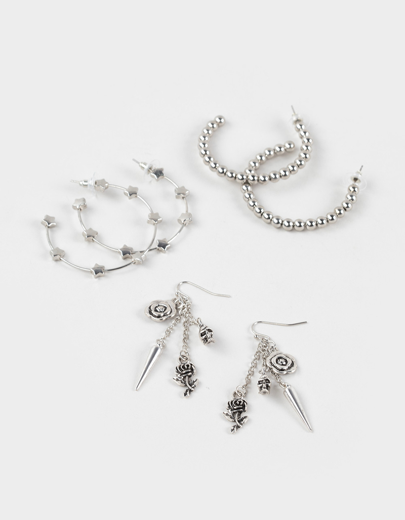 FULL TILT 3 Pack Star/Spike/Rose Hoop Earrings image number 0