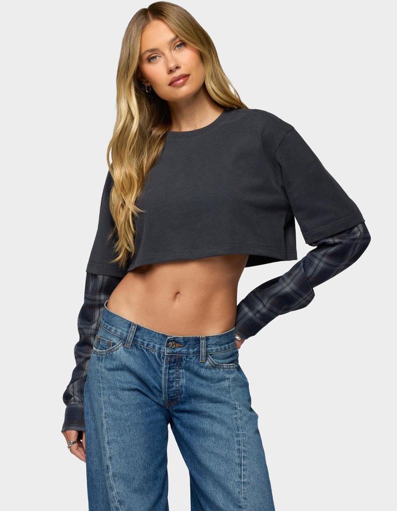 EDIKTED Plaid Sleeves Layered Crop Top image number 0