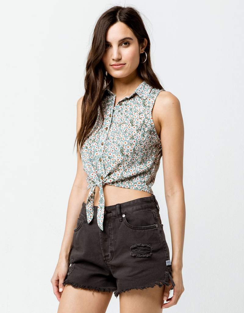 SKY AND SPARROW Ditsy Floral Sage Womens Tie Front Top image number 1