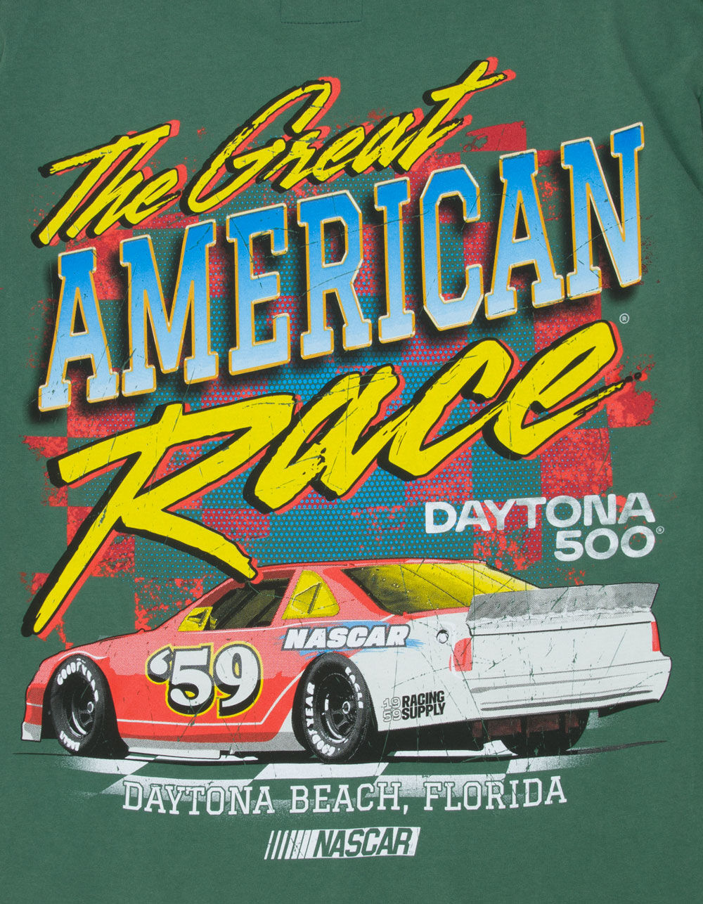 70s sears ファブリック　NASCAR大判シーツ　RACE USA製 TILLYS x NASCAR Daytona 500 Mens Boxy Tee - GREEN | Tillys