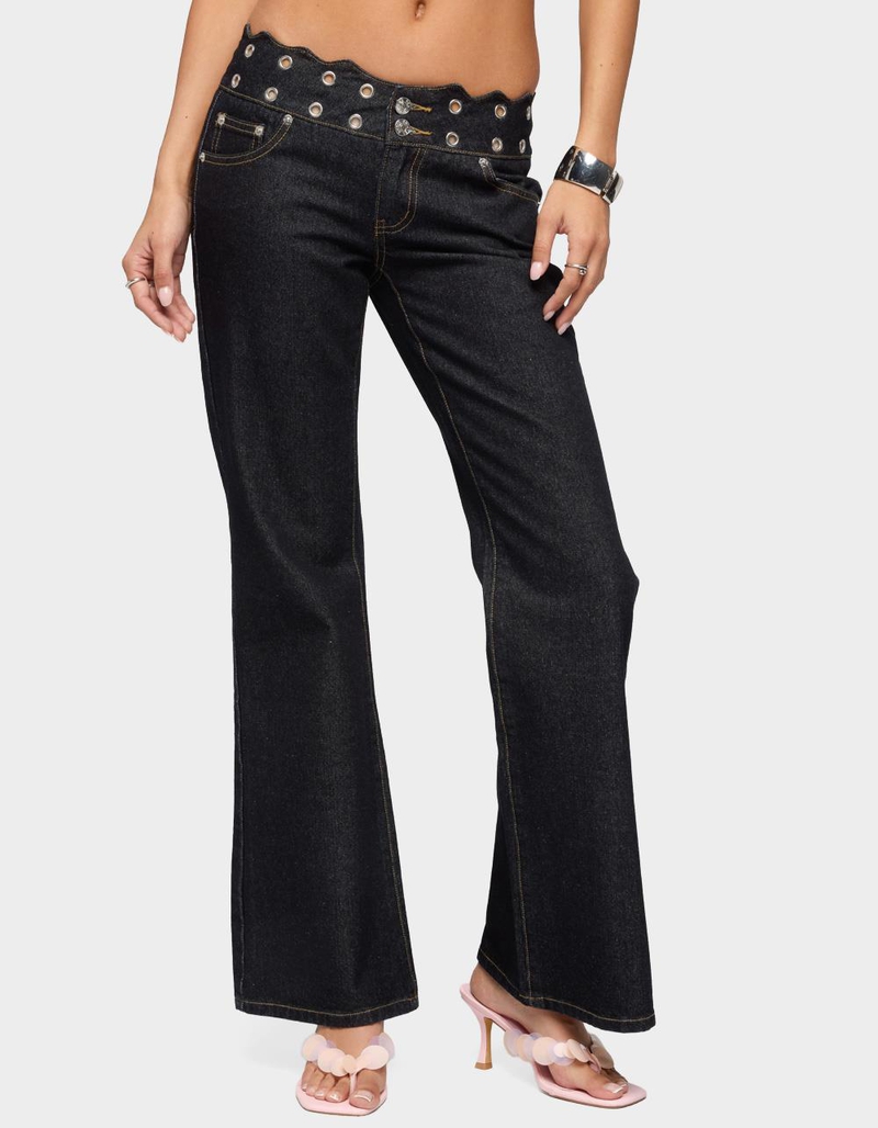 EDIKTED Scalloped Grommet Low Rise Bootcut Jeans image number 0