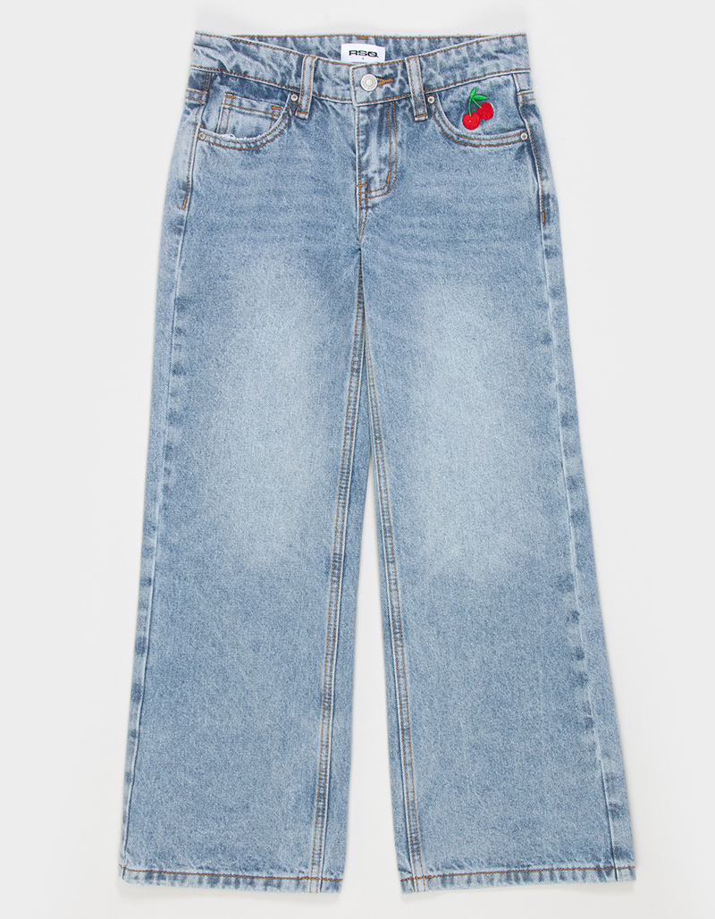 RSQ Girls Embroidered Cherry Pocket Wide Leg Jeans image number 1