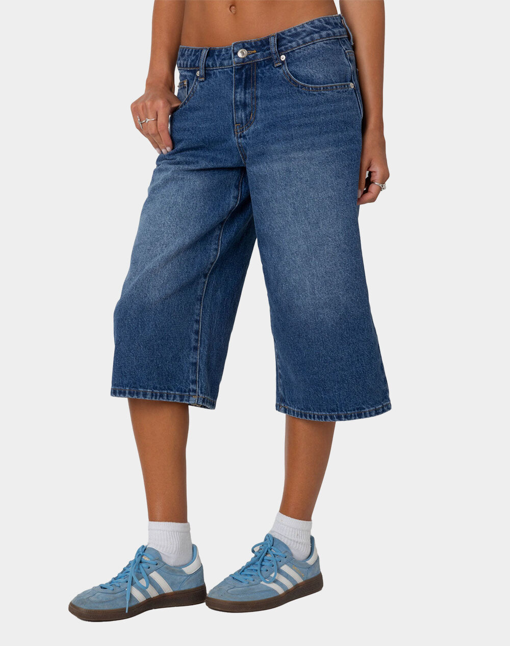 EDIKTED Xtra Long Low Rise Denim Bermuda Shorts - LIGHT BLUE