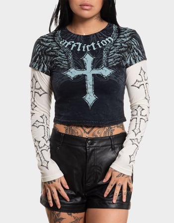 AFFLICTION Criss Cross Womens Long Sleeve 2fer Tee Primary Image