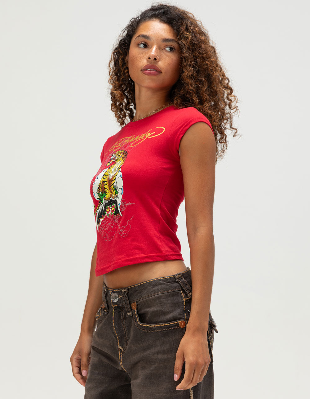 ED HARDY Tiger Mountain Womens Cap Sleeve Tee - RED - XL | Tillys