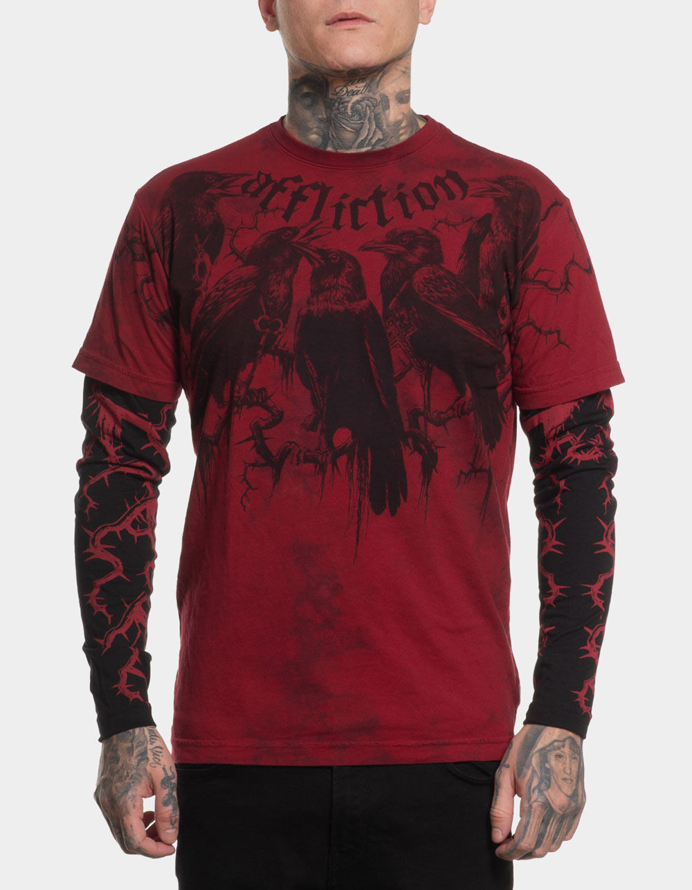 ク*コ様 AFFLICTION 長袖シャツ ブラック レッド　ロンT 長袖 AFFLICTION Crows Mens 2fer Long Sleeve Tee - BURGUNDY | Tillys