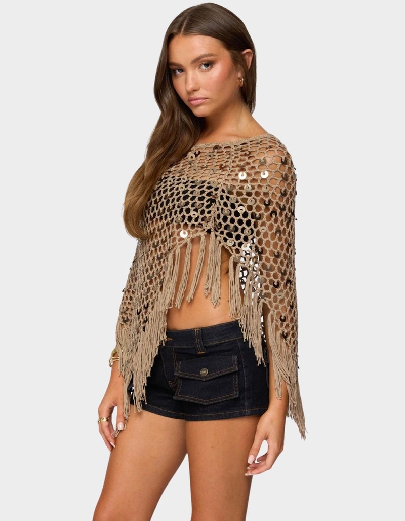 EDIKTED Fringe Sequin Crochet Poncho image number 1