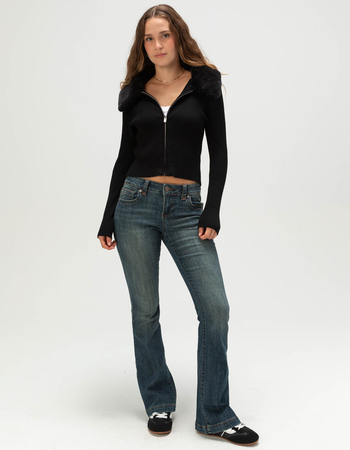 MADDEN GIRL Fur Collar Womens Zip-Up Sweater Alternative Image