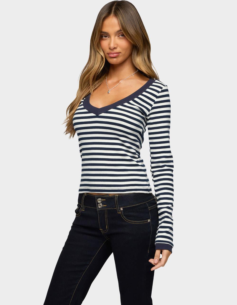 EDIKTED Kimi Striped Long Sleeve V-Neck Top image number 1