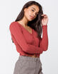 SKY AND SPARROW Lace Trim Button Front Rust Womens Knit Top image number 2