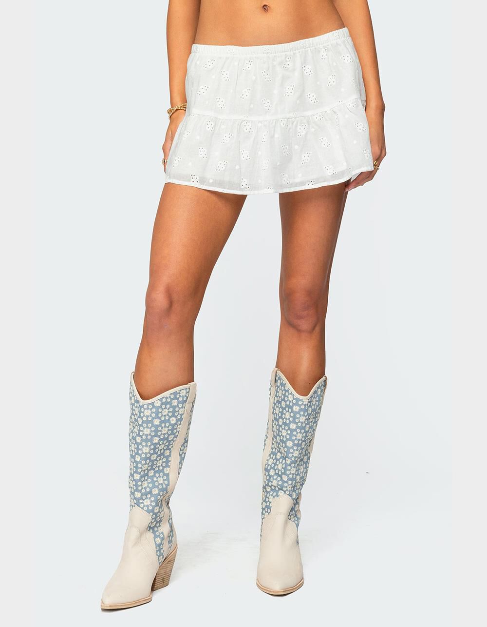 EDIKTED Dora Eyelet Flared Mini Skirt - WHITE | Tillys