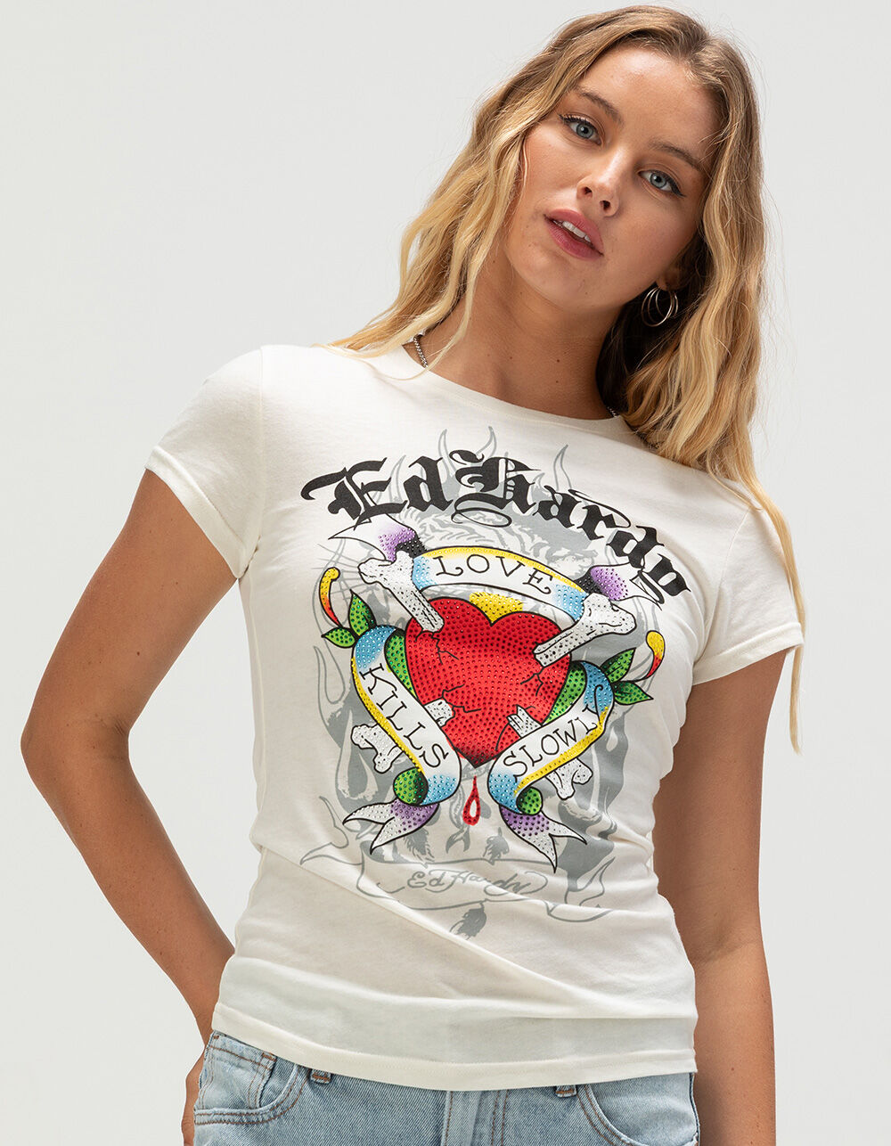 ED HARDY Love Kills Slowly Rhinestone Womens Fitted Tee - IVORY