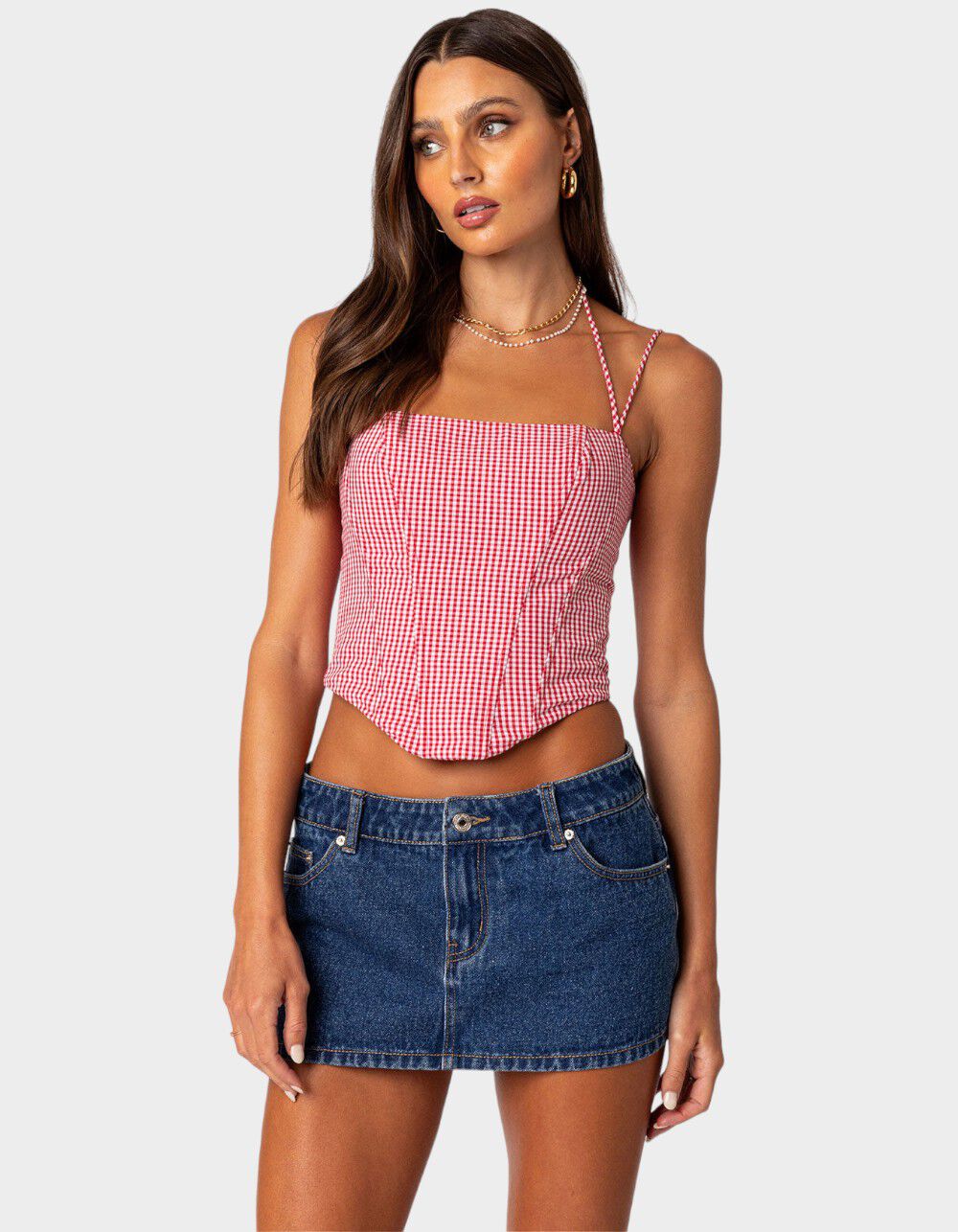 EDIKTED Pippa Gingham Lace Up Corset - RED | Tillys