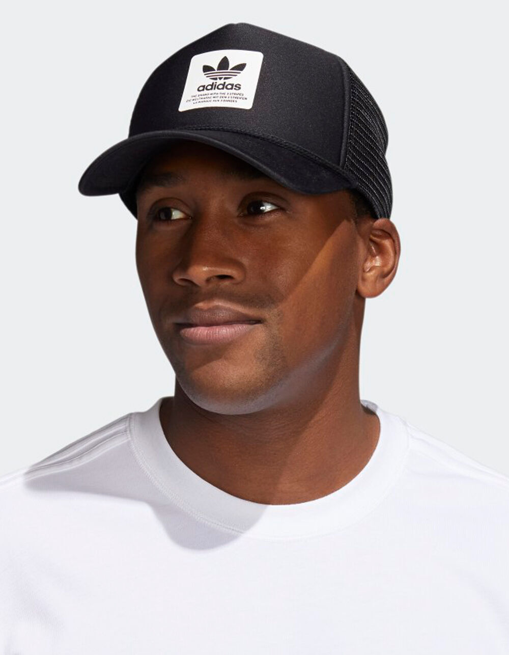 white adidas trucker hat