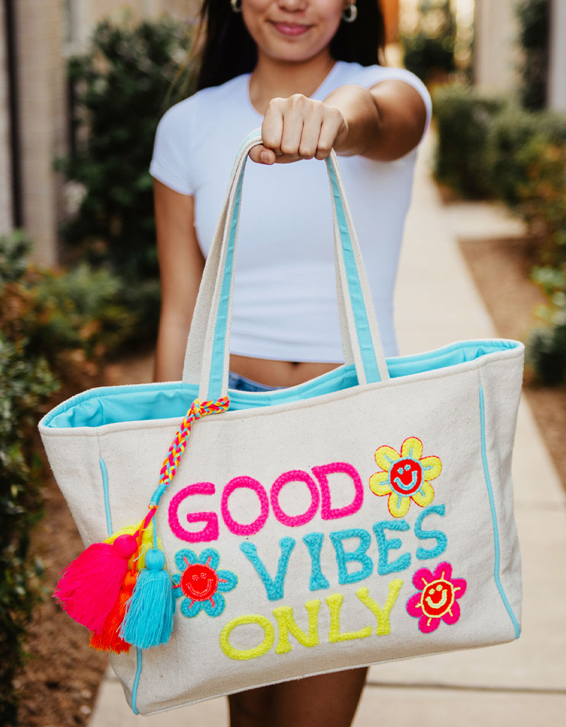 KATYDID Good Vibes Only Happy Floral Canvas Tote Bag image number 1