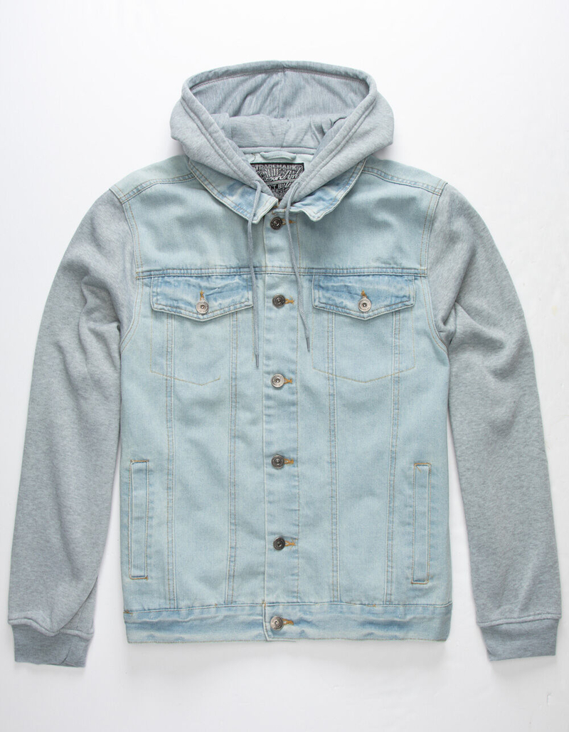 BROOKLYN CLOTH Knit Sleeve Mens Hooded Denim Jacket image number 0