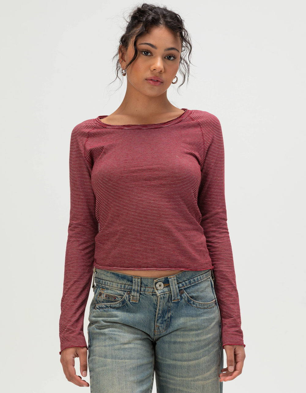 BDG Urban Outfitters Jake Womens Scoop Neck Long Sleeve Top - RED
