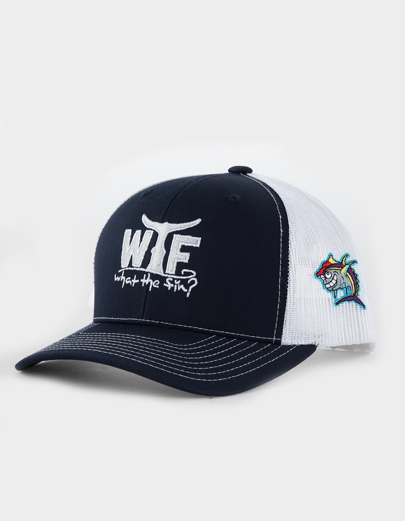 WHAT THE FIN WTF Logo Silver Fin Mens Trucker Hat image number 0