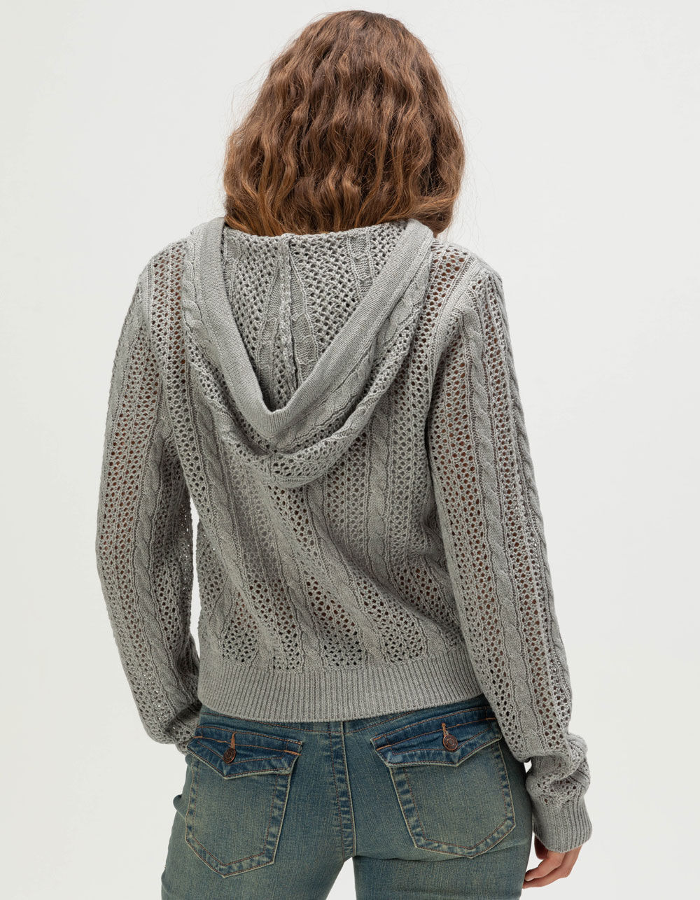 RSQ Womens Open Knit Zip-Up Hooded Sweater - HEATHER GRAY - M | Tillys