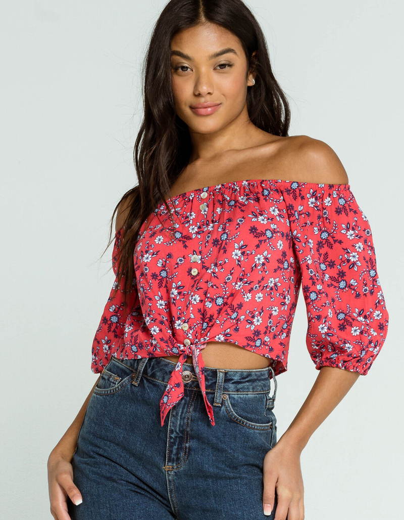 LOVE FIRE Button Off The Shoulder Tie Front Womens Red Top image number 0