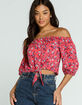 LOVE FIRE Button Off The Shoulder Tie Front Womens Red Top image number 1