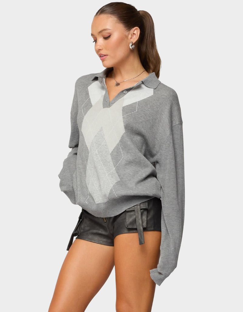 EDIKTED Kati Argyle Oversized Polo Sweater image number 1