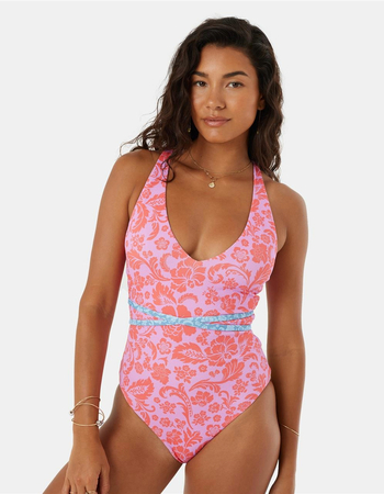 ROXY Tapestry Patchwork Wrap Tie Plunge One Piece Swimsuit Primary Image