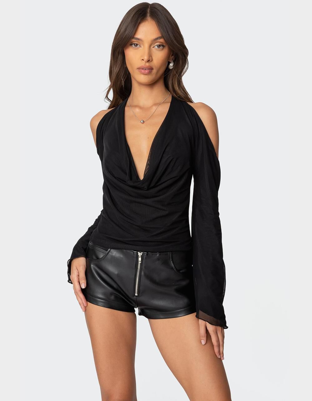 EDIKTED Open Shoulder Cowl Neck Top - BLACK | Tillys