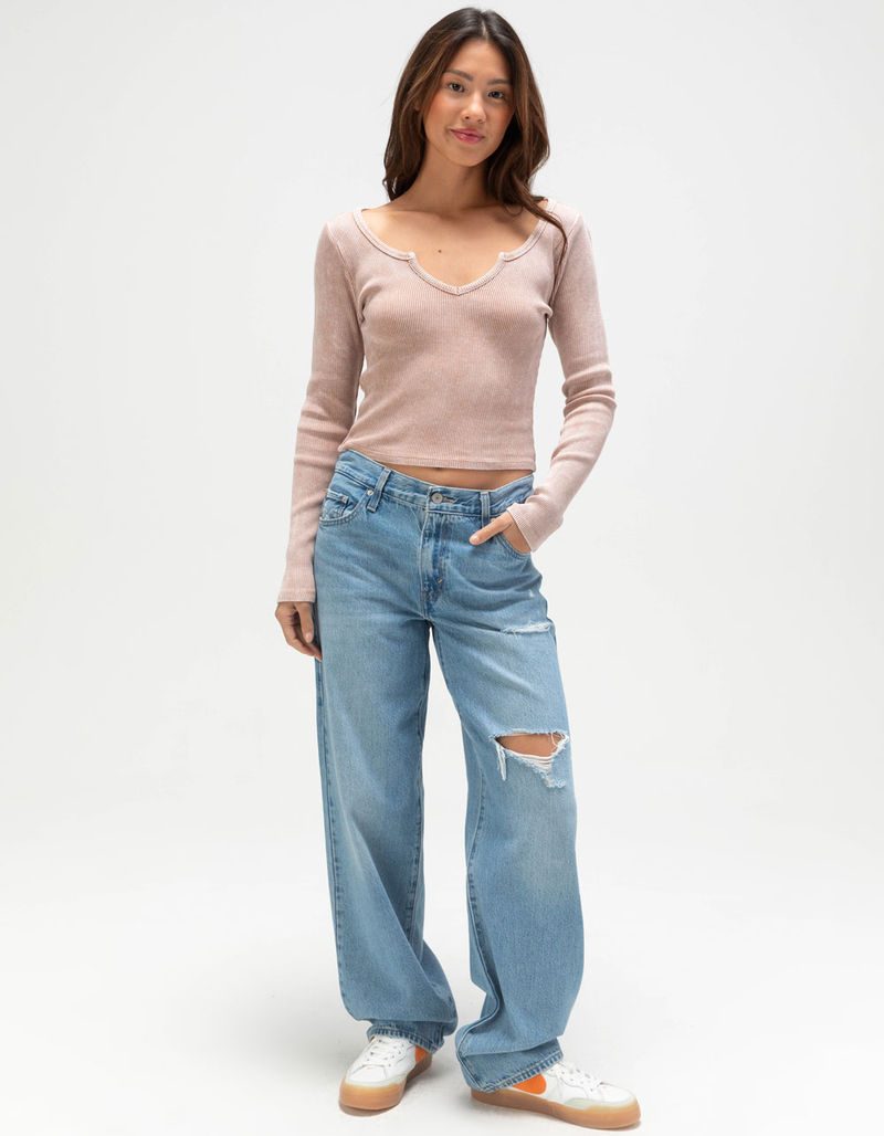 FULL TILT Notch Neck Womens Long Sleeve Rib Top image number 1