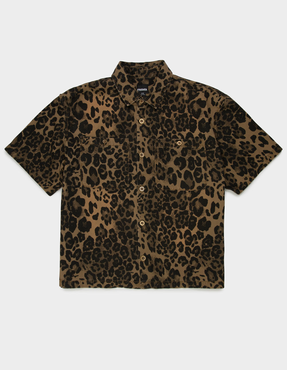 RSQ Mens Cropped Washed Twill Leopard Button Up Shirt