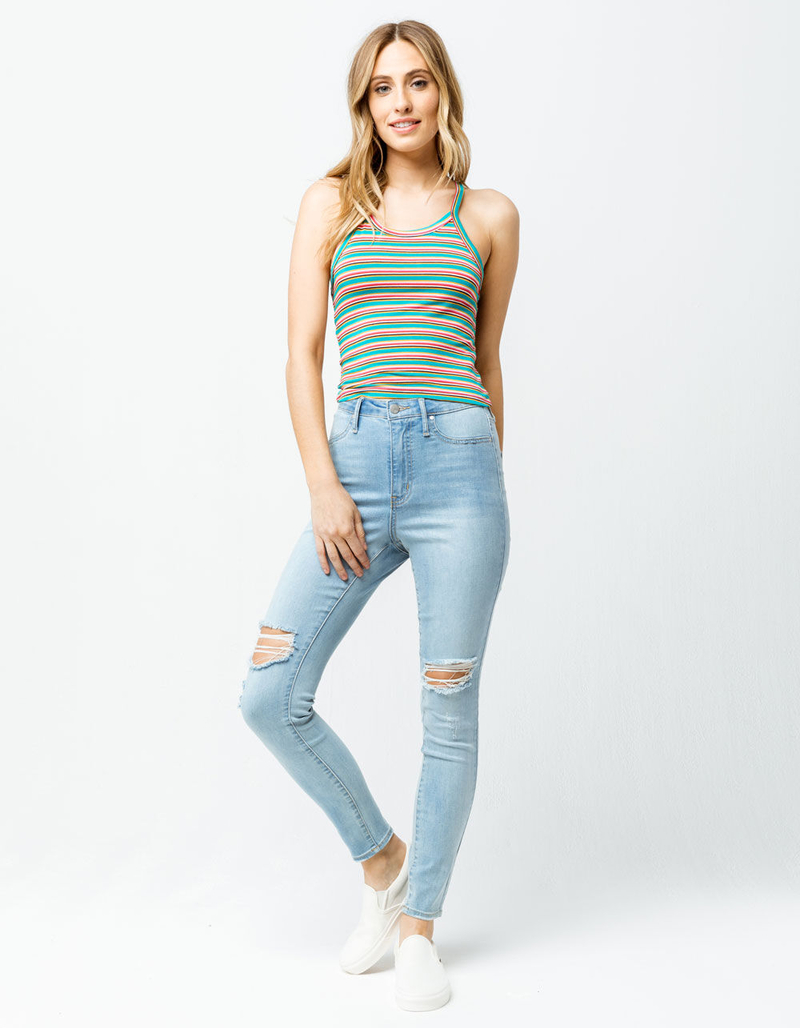 GOOD LUCK GEM Stripe Crop Turquoise Womens Tank Top image number 3