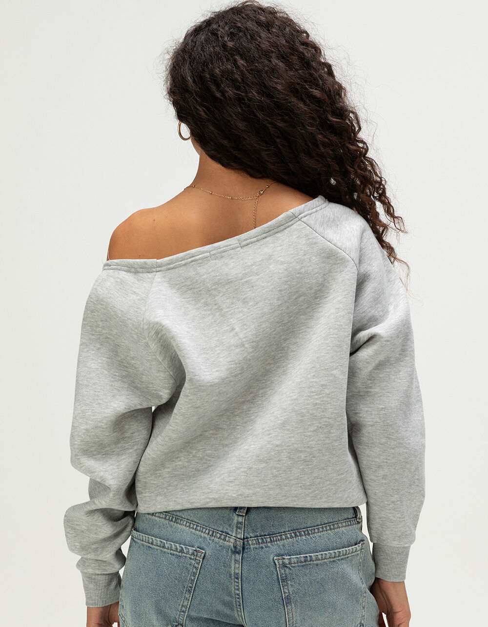 FULL TILT Womens Off The Shoulder Number Sweatshirt - HTHR GRY/PNK