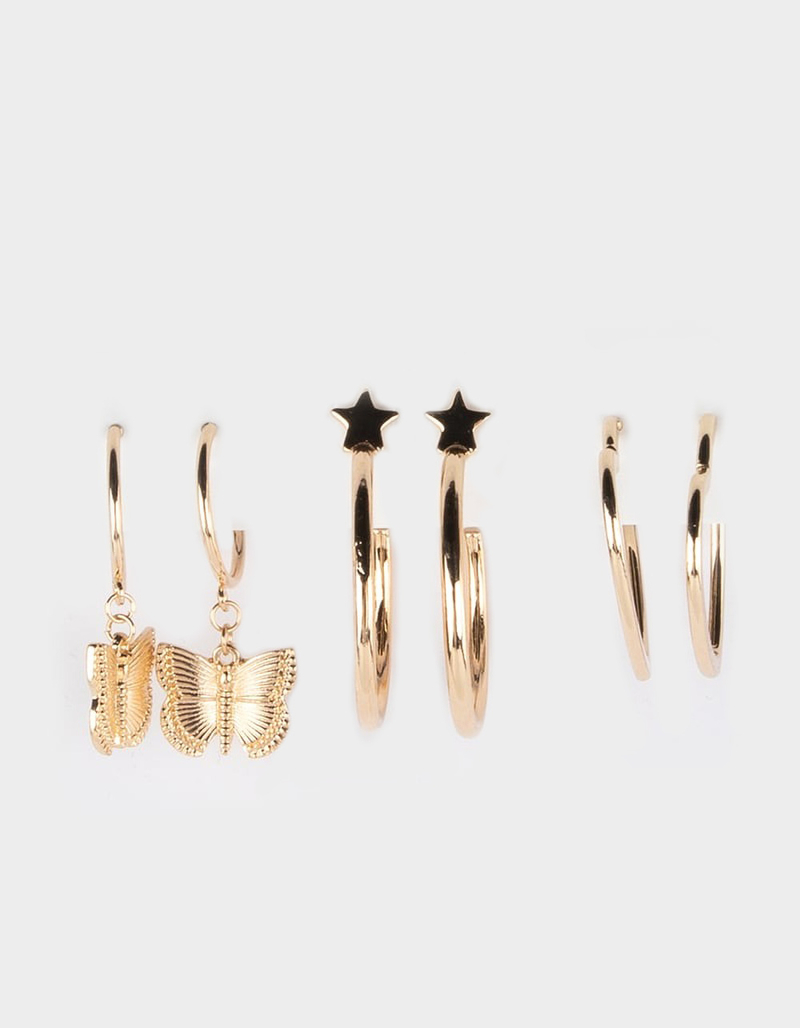 FULL TILT 3 Pack Heart Star Butterfly Hoop Earring Set image number 0