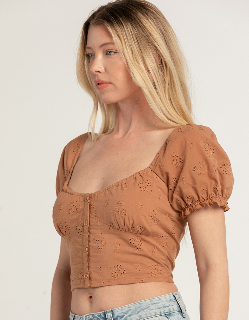 LOVE TREE Womens Eyelet Button Front Top image number 1