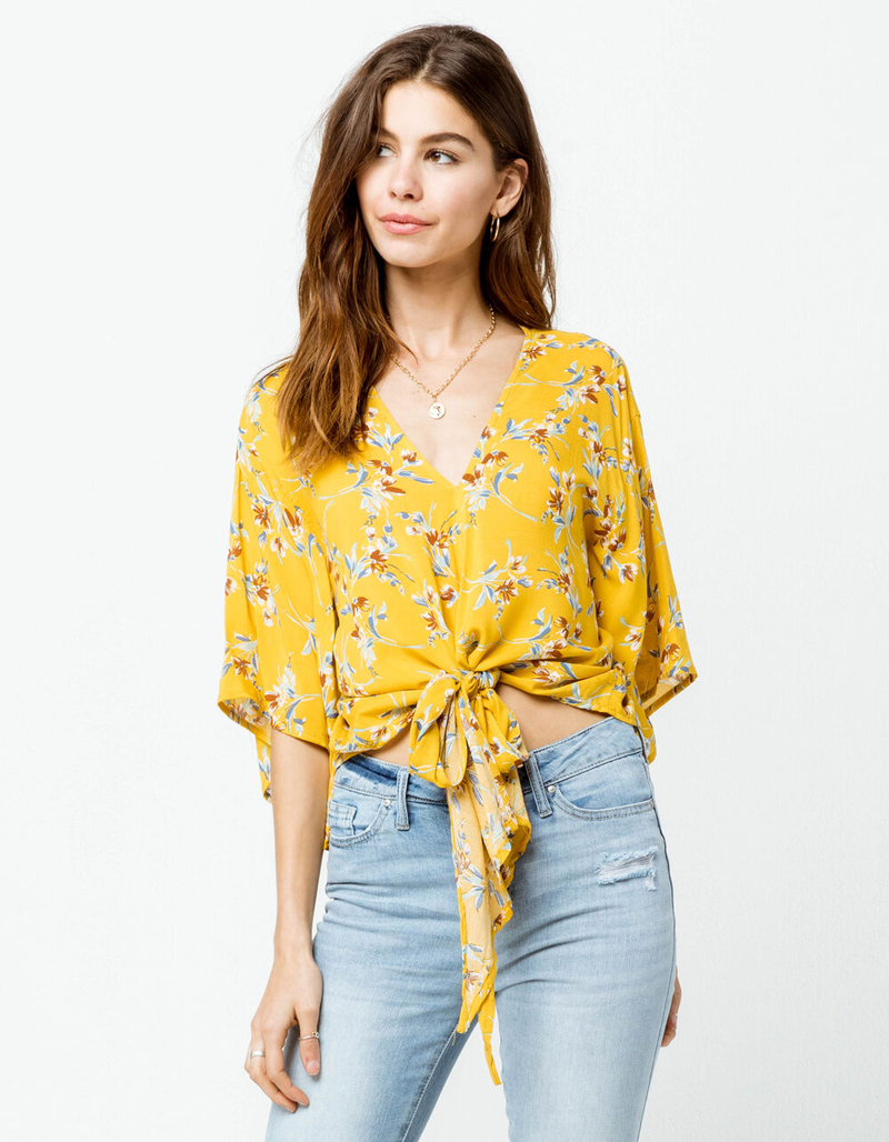 POLLY & ESTHER Kimono Floral Tie Front Mustard Womens Top image number 0