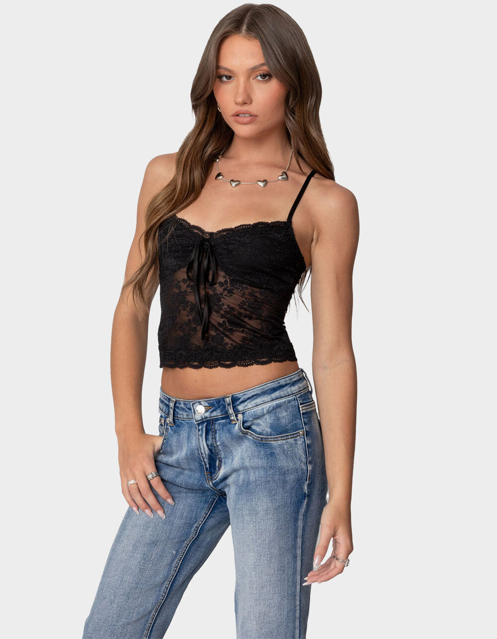 EDIKTED Cami Sheer Lace Tank Top - BLACK | Tillys
